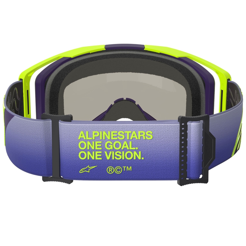 Alpinestars Vision 8 Corp fluo dzelteni violetas motokrosa brilles ar spoguļstikla zilām lēcām