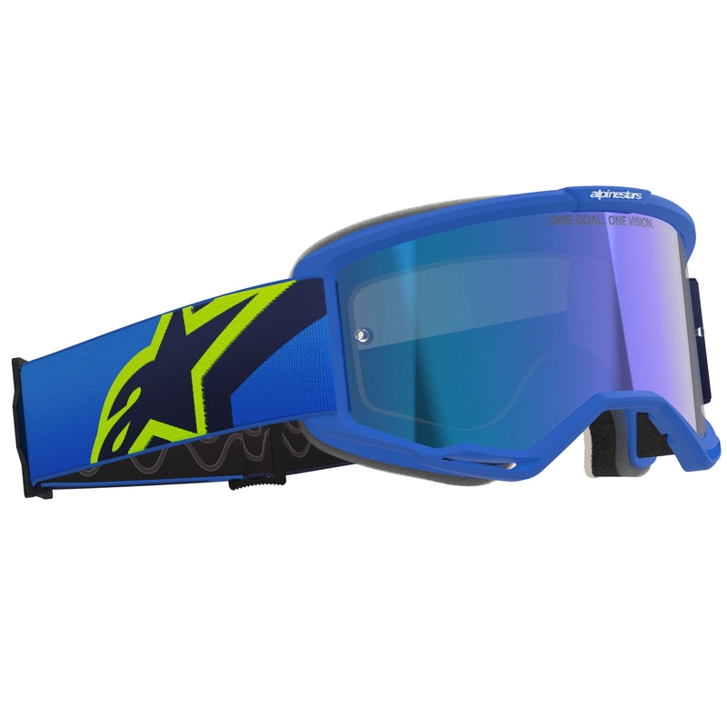 Alpinestars Vision 5 Corp zili-fluo dzelteni-melnas motokrosa brilles ar spoguļstikla zilām lēcām