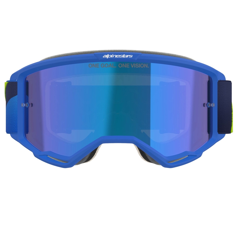 Alpinestars Vision 5 Corp zili-fluo dzelteni-melnas motokrosa brilles ar spoguļstikla zilām lēcām