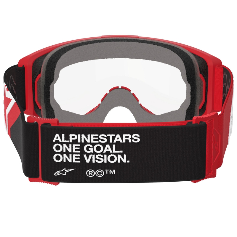 Alpinestars Vision OTG motokrosa aizsargbrilles sarkanā-melnā-baltā krāsā ar caurspīdīgu lēcu