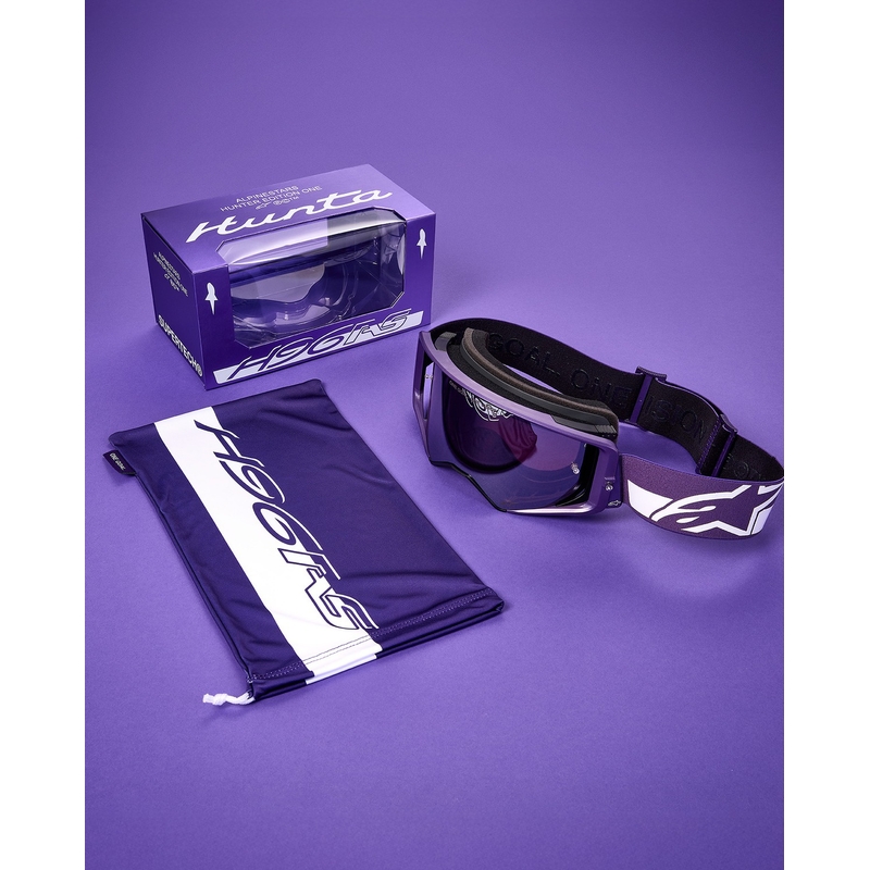 Alpinestars Supertech Vision Hunta96 XXV motokrosa brilles violeti baltas ar spoguļstikla sudraba pleksi stiklu