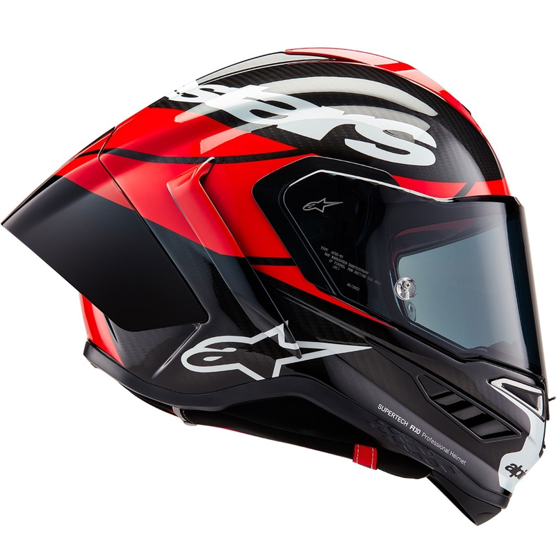 Alpinestars Supertech R-10 Element oglekļa šķiedras pilna izmēra motocikla ķivere, sarkana-balta