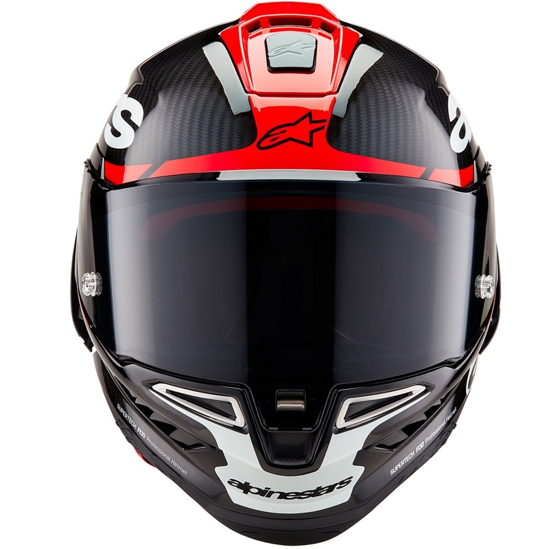 Alpinestars Supertech R-10 Element oglekļa šķiedras pilna izmēra motocikla ķivere, sarkana-balta
