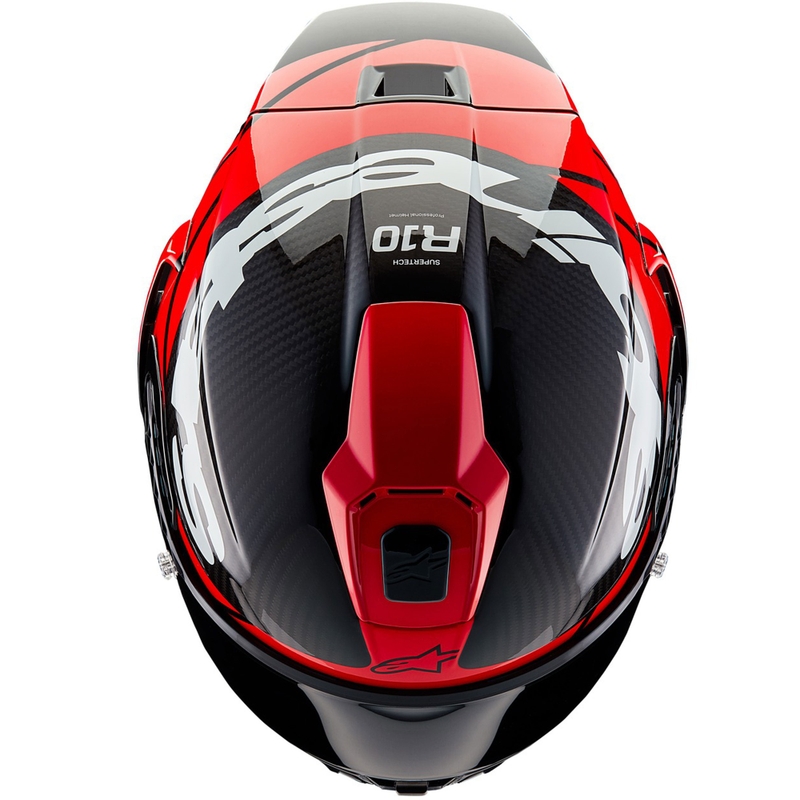 Alpinestars Supertech R-10 Element oglekļa šķiedras pilna izmēra motocikla ķivere, sarkana-balta