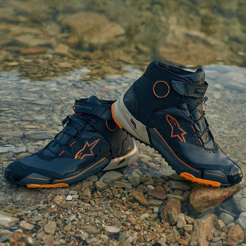 Alpinestars CR-X Drystar melni-brūni-oranži motociklu zābaki
