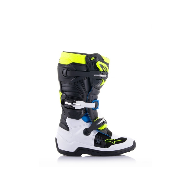 Alpinestars Tech 7 S melni, balti, dzelteni un fluo-zili motocikla zābaki bērniem