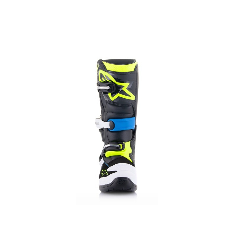 Alpinestars Tech 7 S melni, balti, dzelteni un fluo-zili motocikla zābaki bērniem
