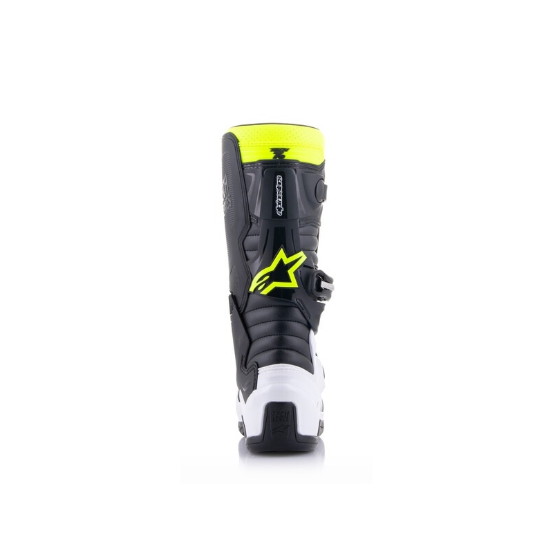 Alpinestars Tech 7 S melni, balti, dzelteni un fluo-zili motocikla zābaki bērniem