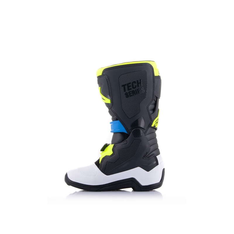 Alpinestars Tech 7 S melni, balti, dzelteni un fluo-zili motocikla zābaki bērniem