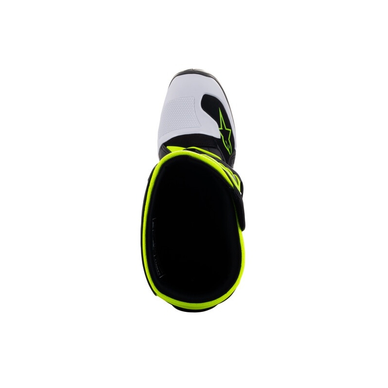 Alpinestars Tech 7 S melni, balti, dzelteni un fluo-zili motocikla zābaki bērniem
