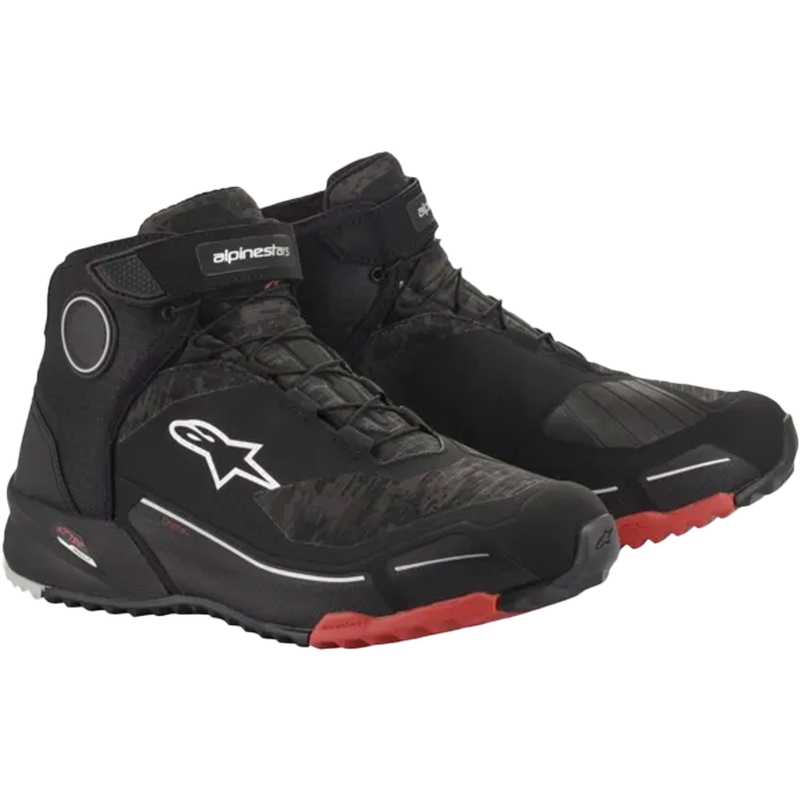 Alpinestars CR-X Drystar melni kamuflāžas sarkani motociklu zābaki