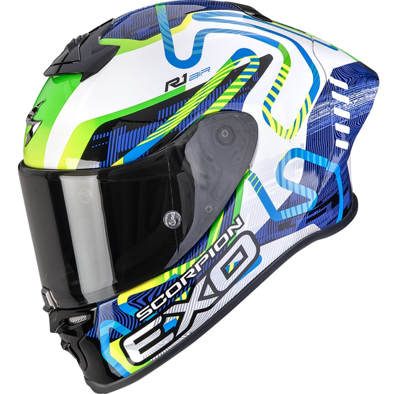 Integrēta motocikla ķivere Scorpion EXO-R1 EVO II Air Cornering balts-zils-zaļš