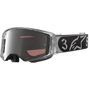 Alpinestars Supertech Vision DNGR38 XXV melnas un sudraba krāsas motokrosa brilles ar spoguļstikliem un sudraba pleksi stiklu