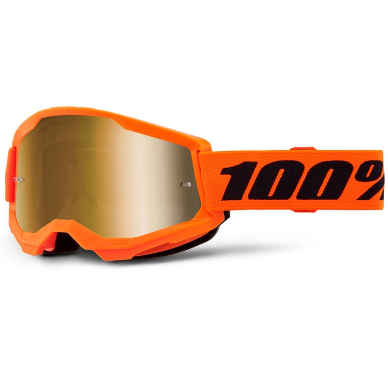 Bērnu motokrosa brilles 100% STRATA 2 oranžas ar spoguļstikliem un zelta pleksi stikliem