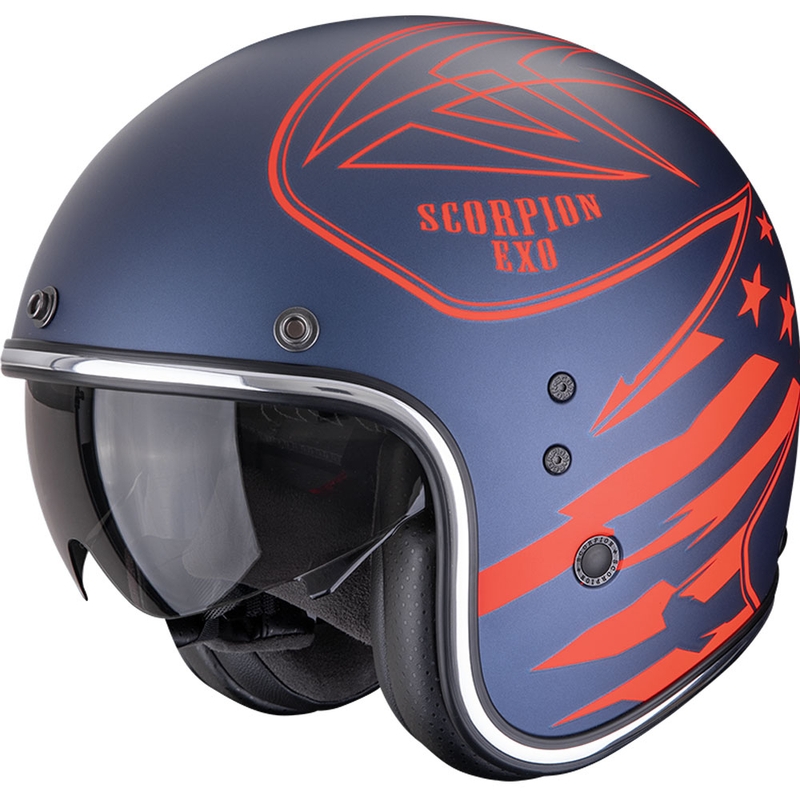 Atvērtā moto ķivere Scorpion Belfast Dawg matēta zili-sarkana