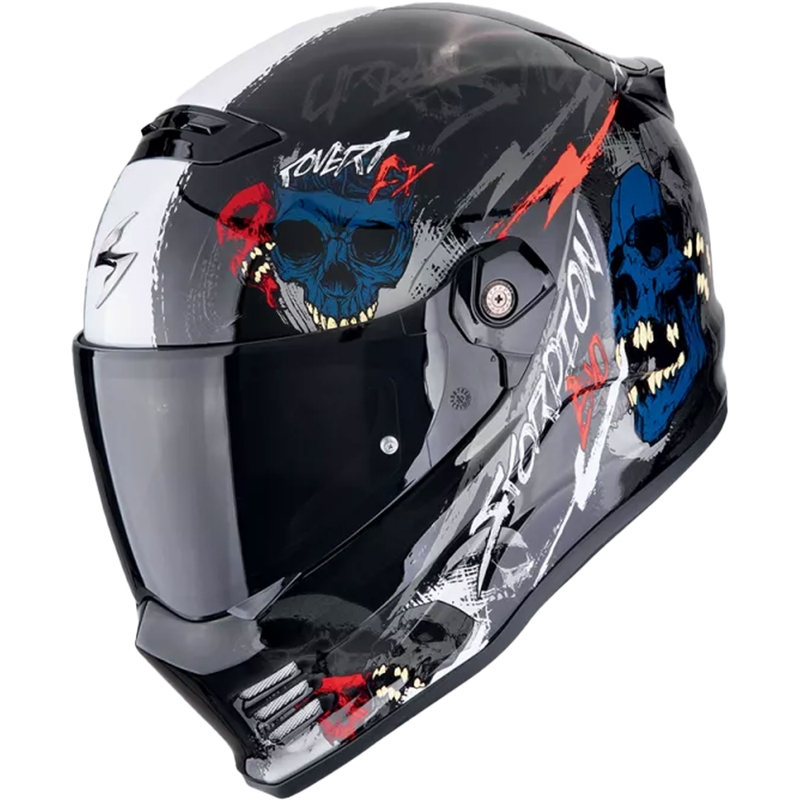 Integrēta motocikla ķivere Scorpion COVERT FX SKULLZ melna-pelēka-sarkana