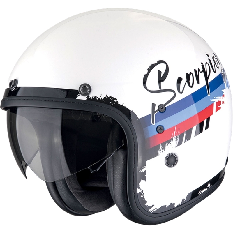 Atvērtā moto ķivere Scorpion Belfast Evo ADONIS balti-sarkani-zilā krāsā