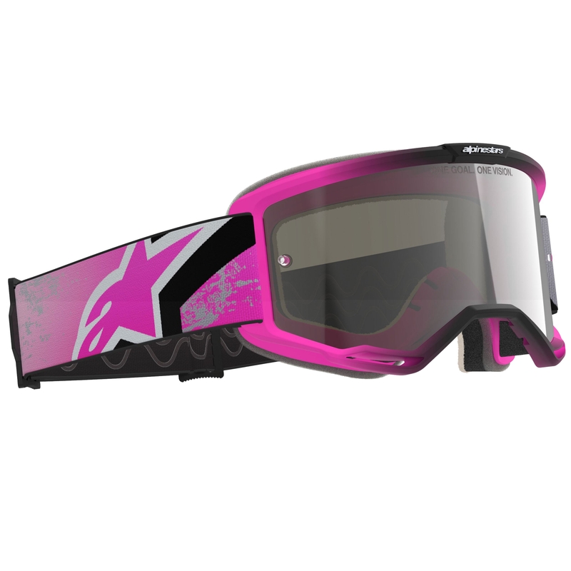 Alpinestars Vision 5 Lahnd fluo rozā-pelēki-pelēki-melni-baltas motokrosa brilles ar spoguļstikliem sudraba krāsā