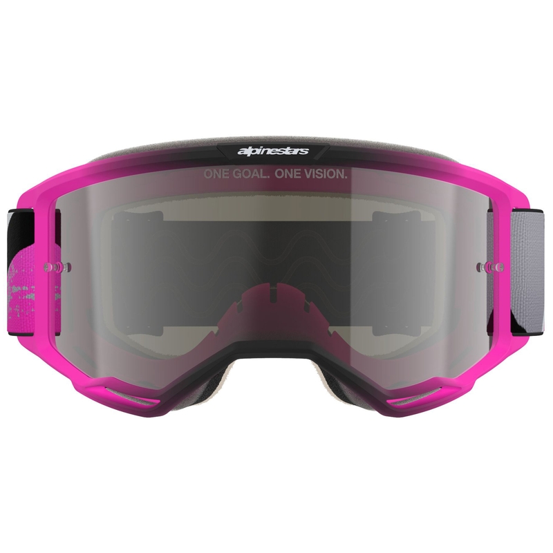 Alpinestars Vision 5 Lahnd fluo rozā-pelēki-pelēki-melni-baltas motokrosa brilles ar spoguļstikliem sudraba krāsā