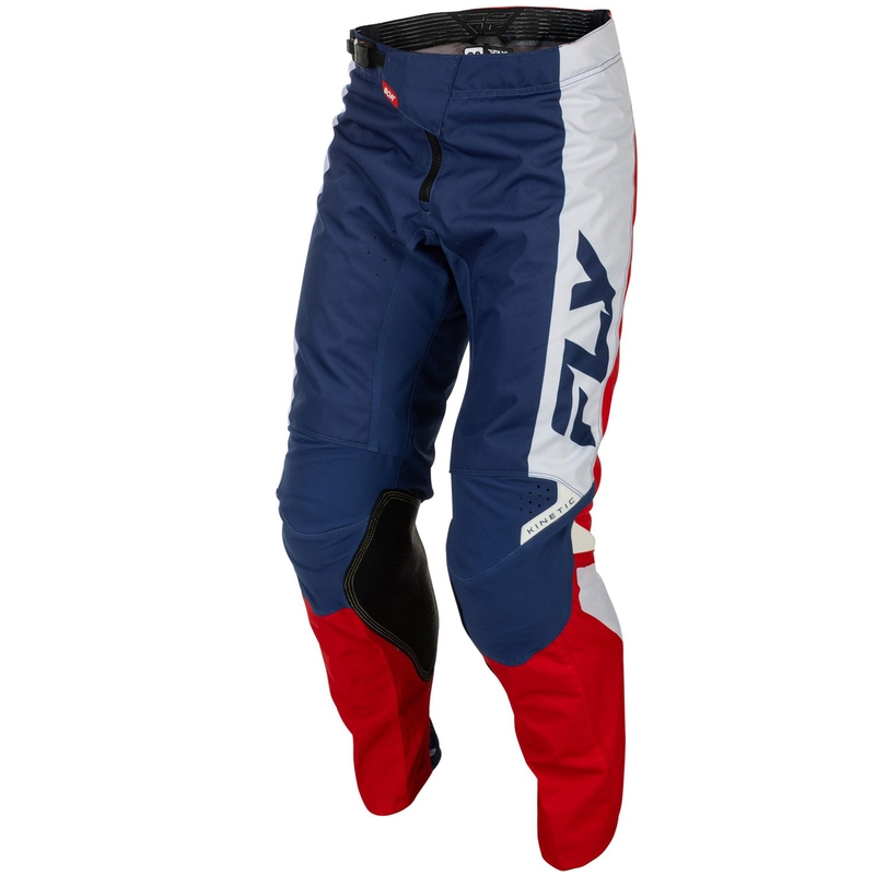 Motokrosa bikses FLY Racing - ASV Kinetic sarkanā, baltā un zilā krāsā