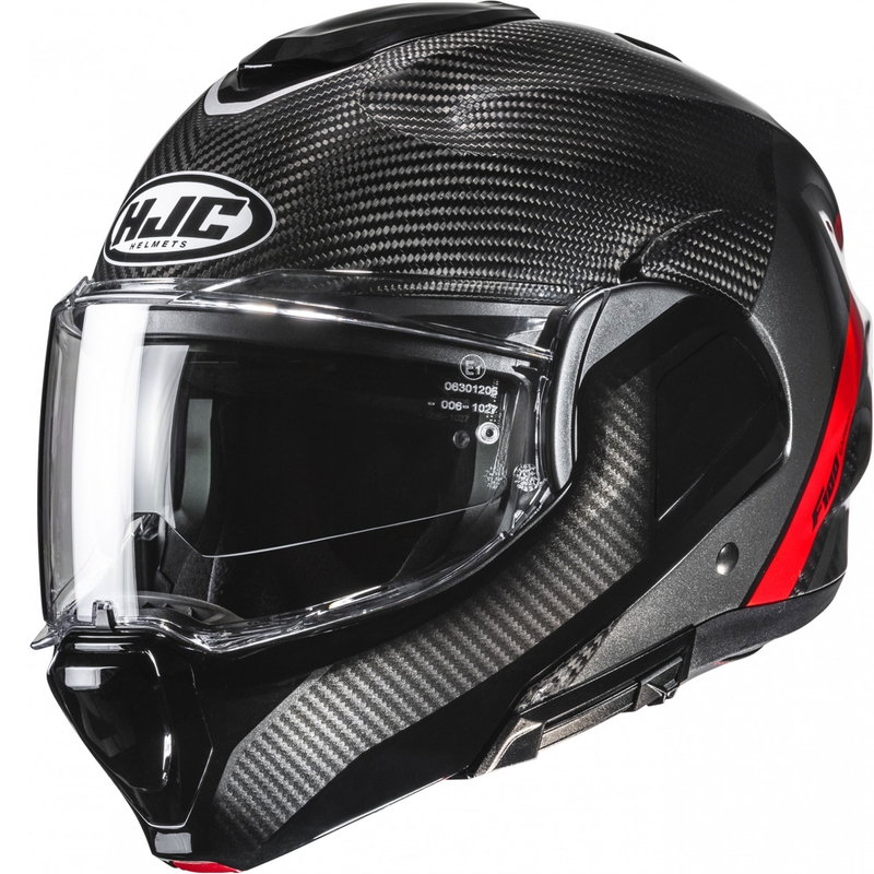 HJC F100 Carbon Stan MC1 melnā un sarkanā flip-up moto ķivere
