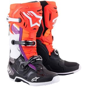 Alpinestars Tech 10 oranži-dzelteni-violeti-balti-melni motocikla zābaki