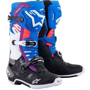 Alpinestars Tech 10 Supervented Perforēti zili-violeti-rozā-balti-pelēki-melni motociklu zābaki