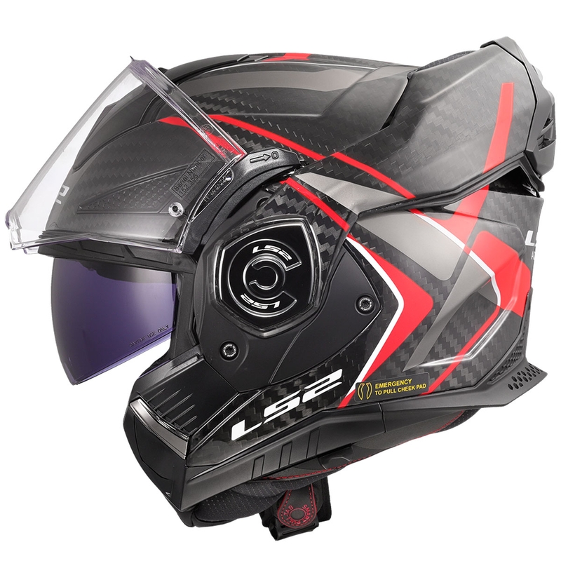 LS2 FF901 Advant X C Future II melnā un sarkanā krāsā saliekamā moto ķivere