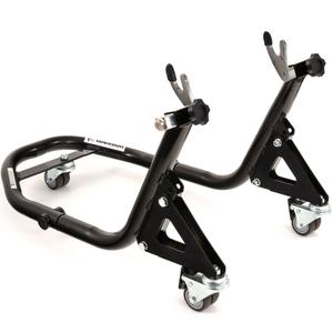 Aizmugurējais mobilais moto statīvs ar dakšām R-TECH veltņiem