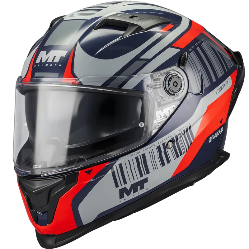 Pilna izmēra motocikla ķivere MT Braker SV Cockpit B5 zili pelēki sarkana