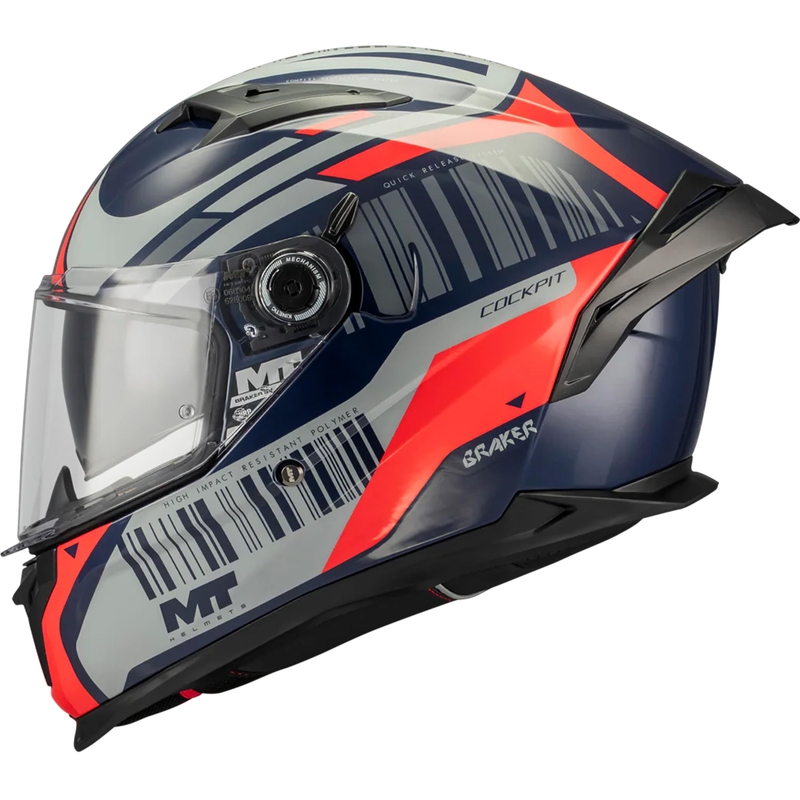 Pilna izmēra motocikla ķivere MT Braker SV Cockpit B5 zili pelēki sarkana