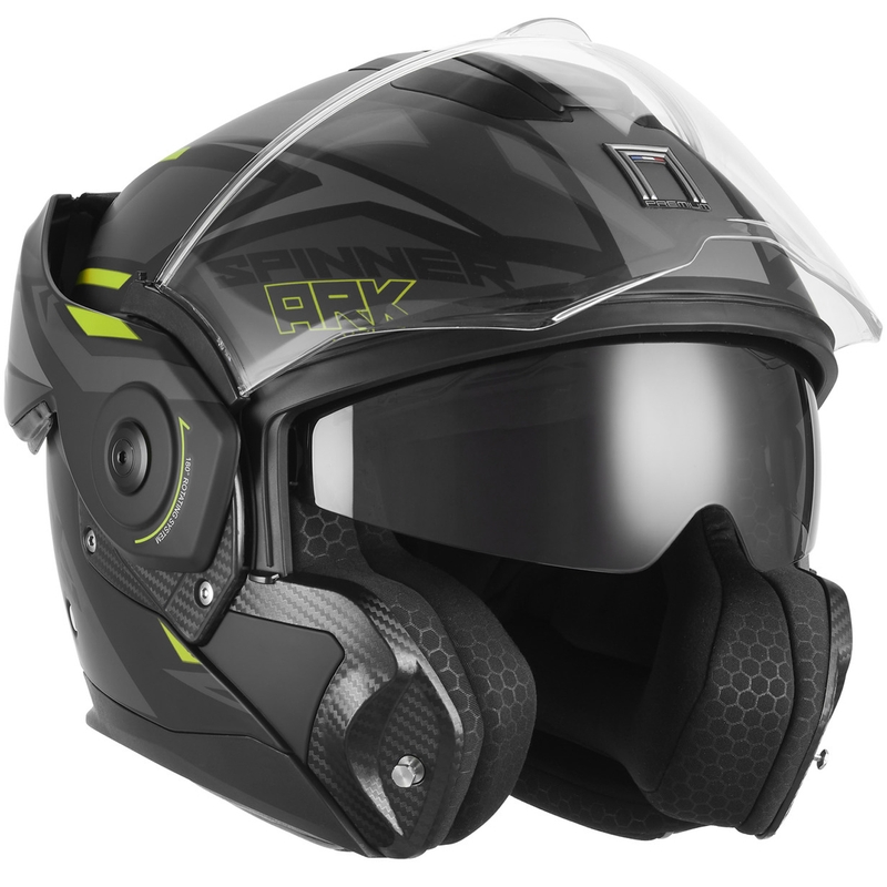 NOX PREMIUM Spinner Ark atveramā motocikla ķivere matēti melna-fluorēti dzeltena