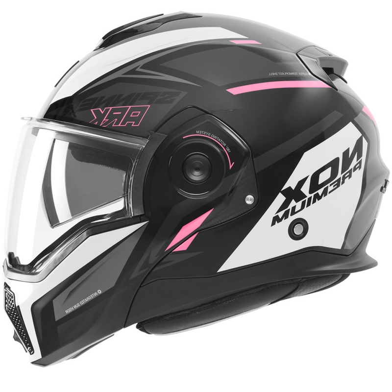 Atverama motocikla ķivere NOX PREMIUM Spinner melna-balta-rozā