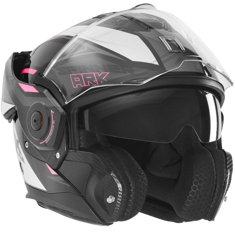 Atverama motocikla ķivere NOX PREMIUM Spinner melna-balta-rozā