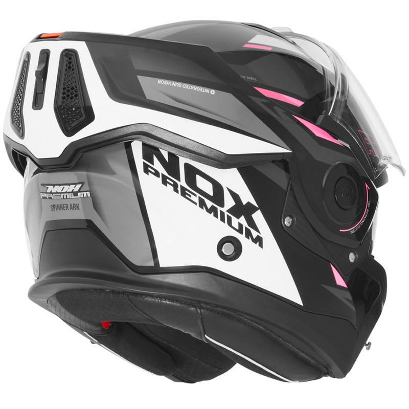 Atverama motocikla ķivere NOX PREMIUM Spinner melna-balta-rozā