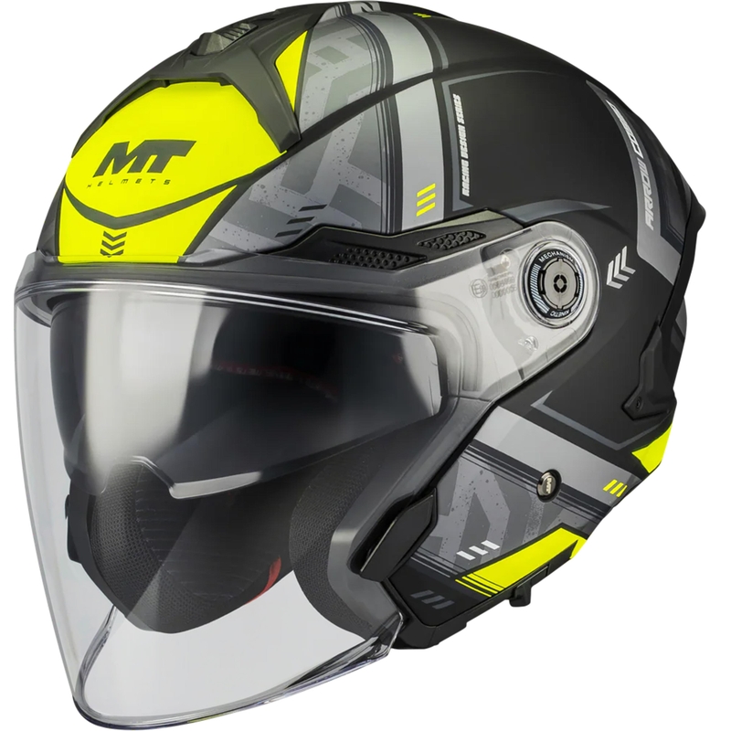 Atvērtā motocikla ķivere MT Cosmo SV Arrow B3 matēta melna-pelēka-fluorēta dzeltena