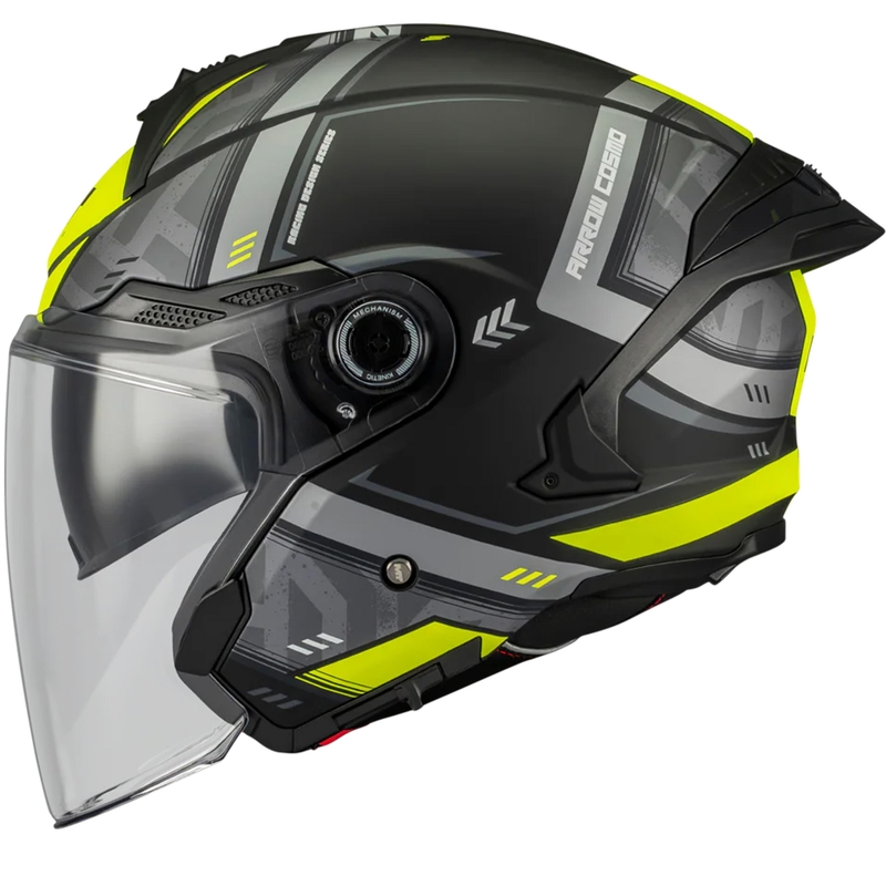 Atvērtā motocikla ķivere MT Cosmo SV Arrow B3 matēta melna-pelēka-fluorēta dzeltena