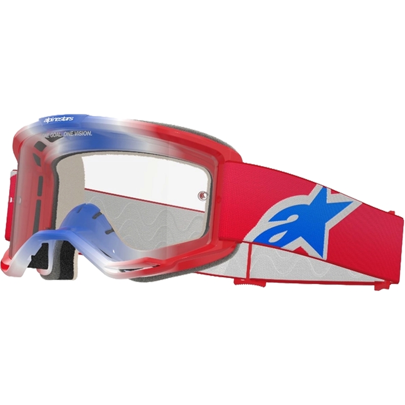 Alpinestars Vision 5 Corp sarkanas, baltas un zilas motokrosa brilles ar caurspīdīgu lēcu