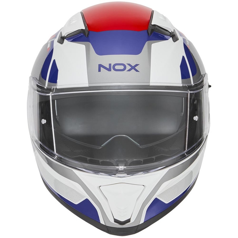 Pilna sejas motocikla ķivere NOX N402 Mentor balta-zila-sarkana