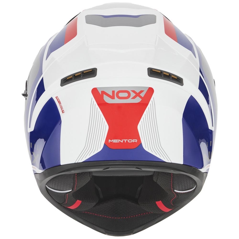 Pilna sejas motocikla ķivere NOX N402 Mentor balta-zila-sarkana