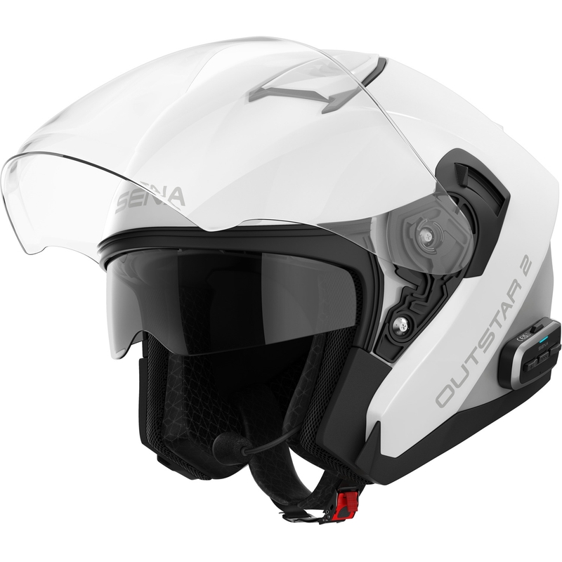 SENA Outstar 2 atvērta tipa motocikla ķivere ar austiņām, spīdīgi balta