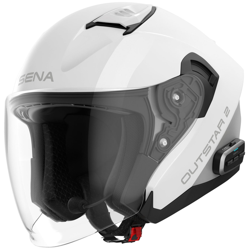 SENA Outstar 2 atvērta tipa motocikla ķivere ar austiņām, spīdīgi balta