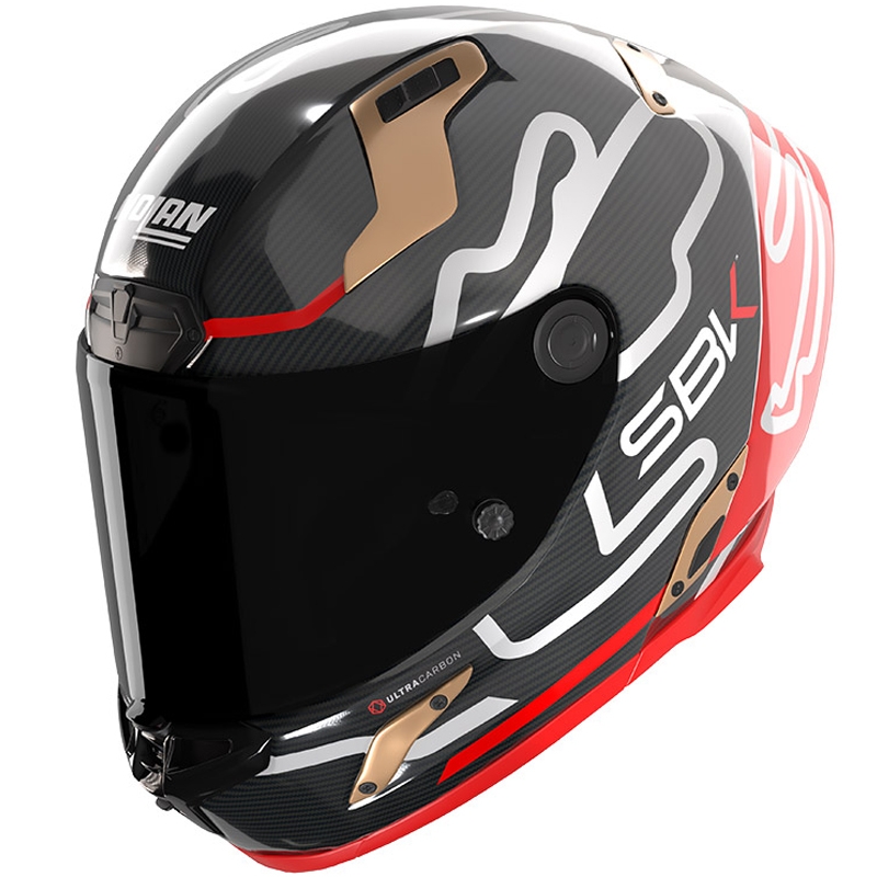 Nolan X-804 RS Ultra Carbon SBK motocikla ķivere, pilna izmēra, spīdīgi melna-sarkana-zelta