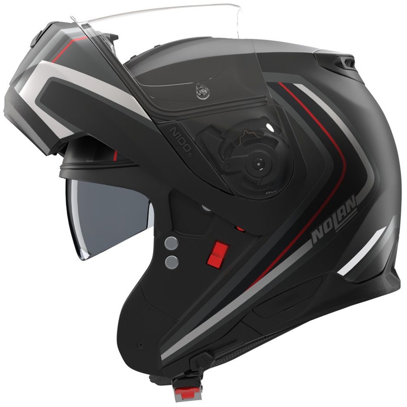 Atverama motocikla ķivere Nolan N100-6 Radiante N-com 357 melna-sudraba-sarkana