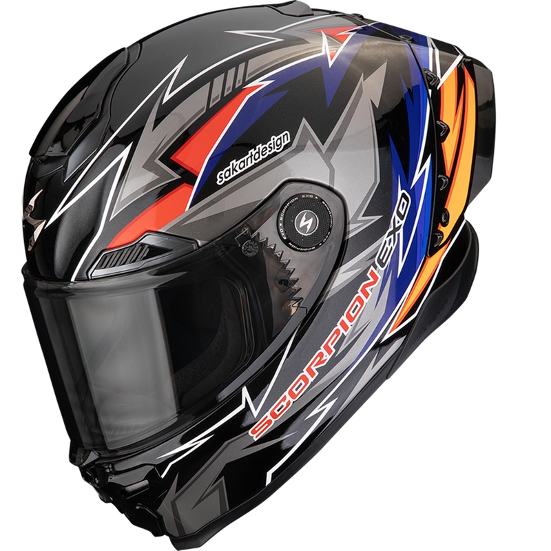 Scorpion EXO-RACE Air Move On FIM2 slēgta tipa motocikla ķivere melna-zila-oranža