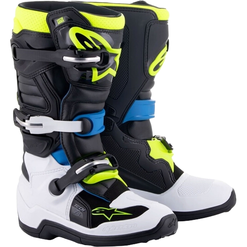 Alpinestars Tech 7 S melni, balti, dzelteni un fluo-zili motocikla zābaki bērniem
