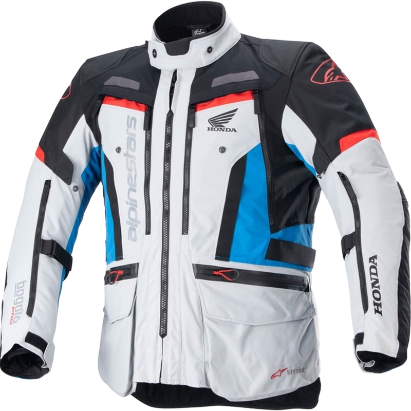 Alpinestars Bogota PRO Drystar Honda gaiši pelēka-fluo sarkanā-zilā-melnā-melnā motocikla jaka