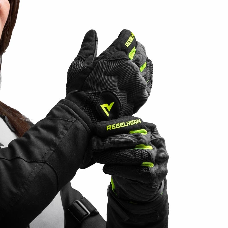 Sieviešu motocikla cimdi Rebelhorn Core melni-pelēki-fluorēti dzelteni