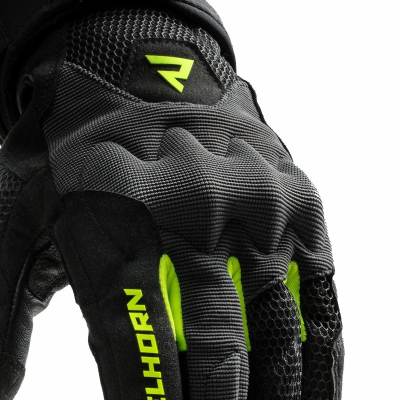 Sieviešu motocikla cimdi Rebelhorn Core melni-pelēki-fluorēti dzelteni