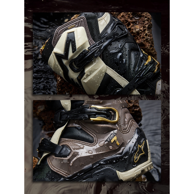 Alpinestars TECH 7 Enduro Drystar motocikla zābaki melni-tumši pelēki-zelta krāsā